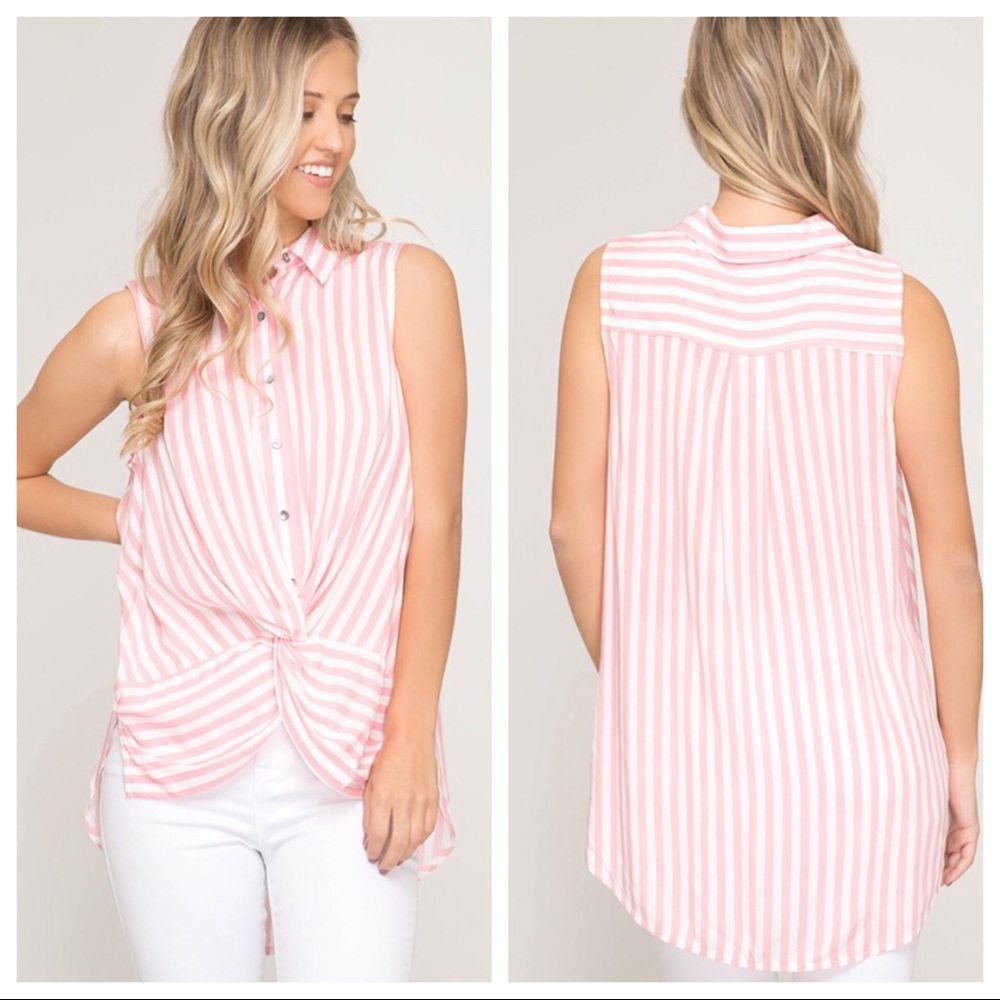striped button down with front twist detail.